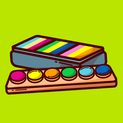 To tegnede paletter på en neongrøn baggrund. En split cake-palette og en almindelig palette
