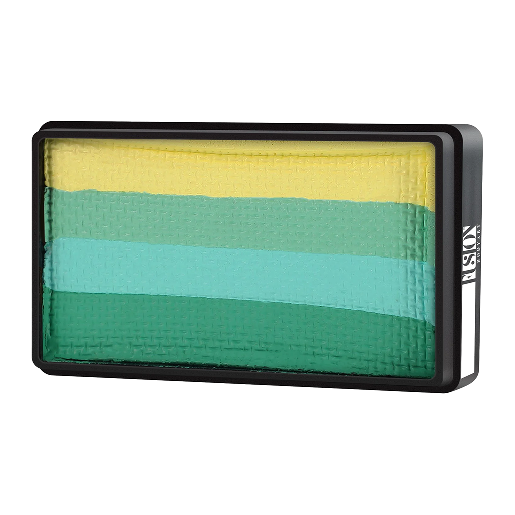 Fusion Body Art Lodie Up Cute Pastel Mint allergivenlig ansigtsmaling som split cake i pastelfarverne gul og grøn 30 g