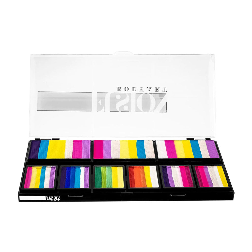 Fusion Body Art Leannes Princess Petal Palette til ansigtsmaling med split cakes i forskellige regnbuefarver og kæmpe split cakes