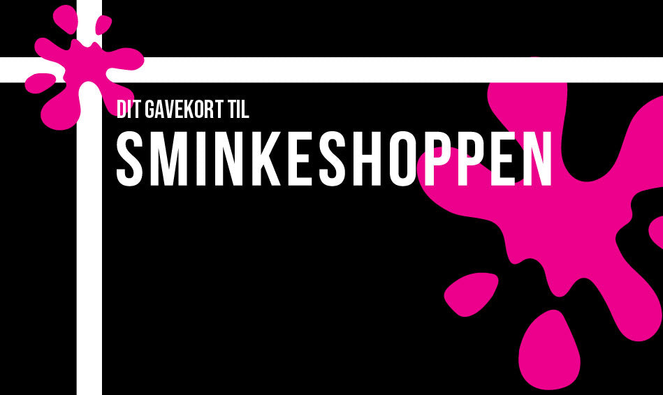 Sort baggrund med pink malingplet med gavebånd om til et gavekort fra sminkeshoppen.dk