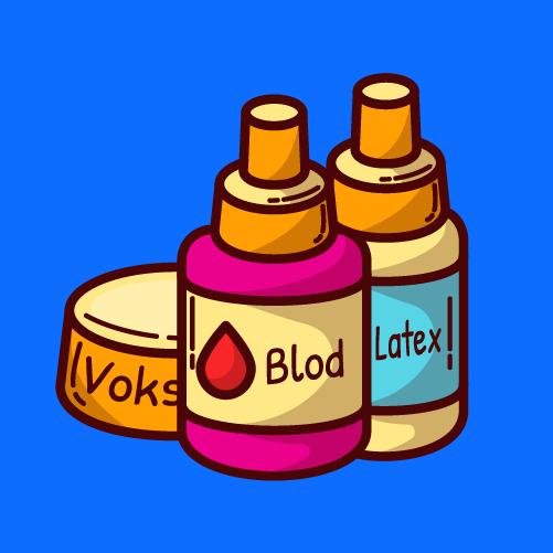 En tegnet bøtte med dermavoks og to flasker med blod og latex på en blå baggrund
