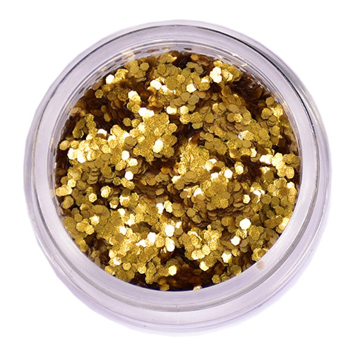 Støvet guld chunky glitter i en klar krukke, ideel til ansigt, hår og krop.