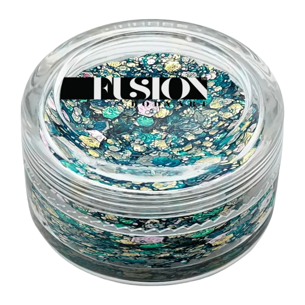 Beach Breeze Glitter Cream fra Fusion Body Art - turkis glitter creme i åben beholder med shimmer effekt til makeup og bodyart