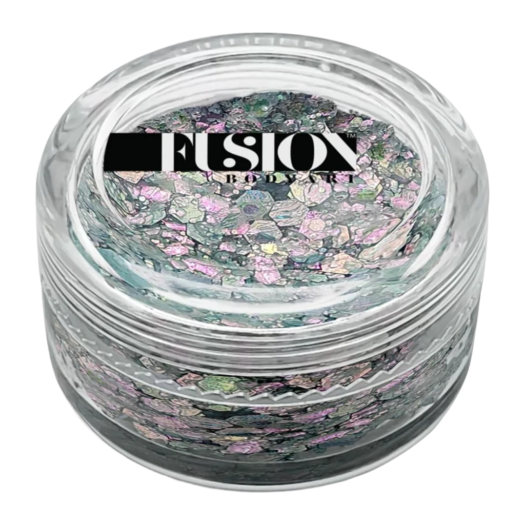Ice Magic Glitter Cream fra Fusion Body Art i åben beholder med multifarvet glitter i pink, grønt og sølv