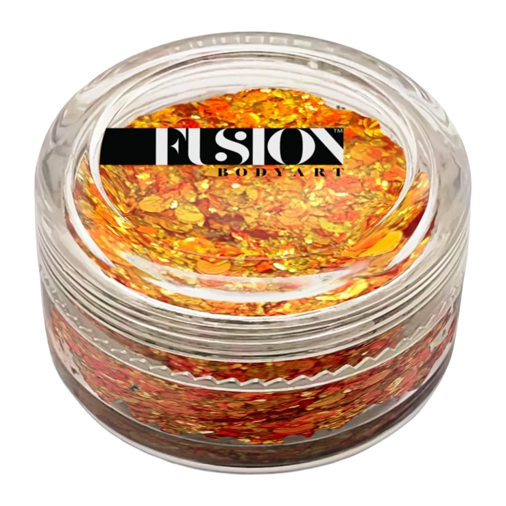 Tiger Flare Glitter Cream fra Fusion Body Art i glas - guldglitter og rød-orange sparkle makeup