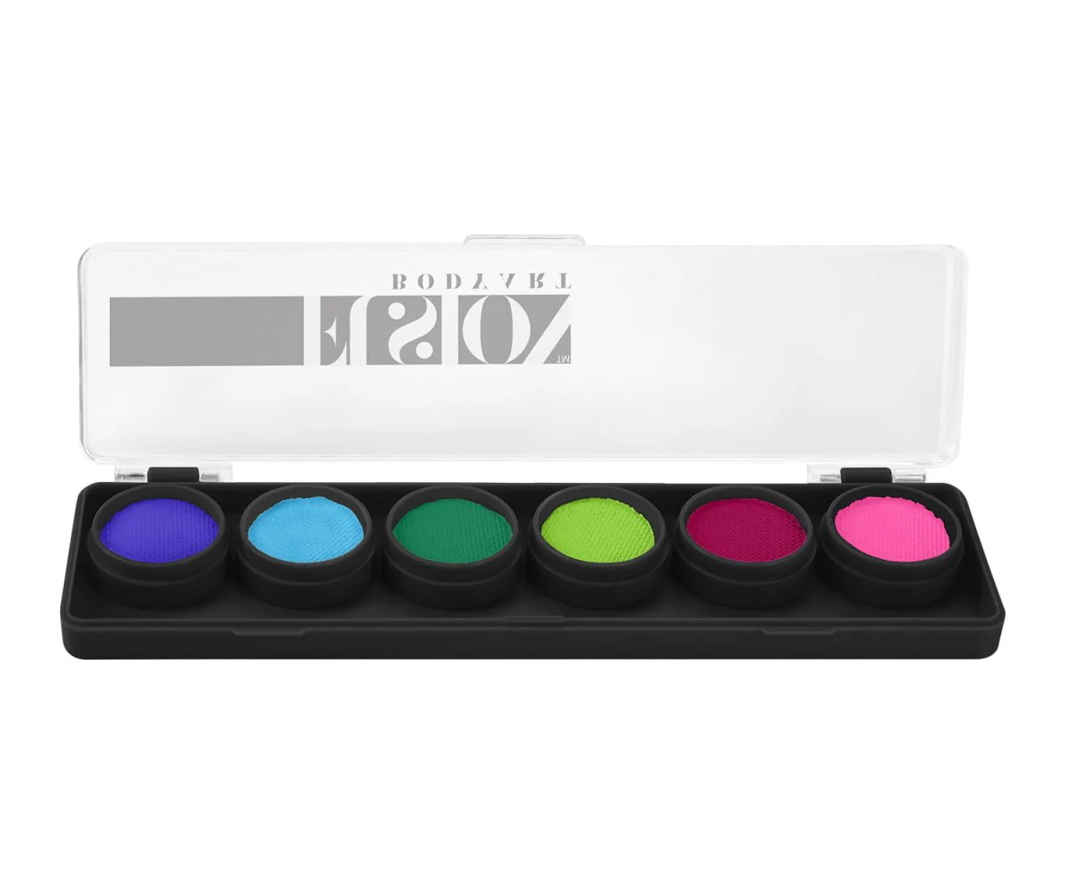 Fusion Body Art mystery box palette med blå, grøn, rød og pink