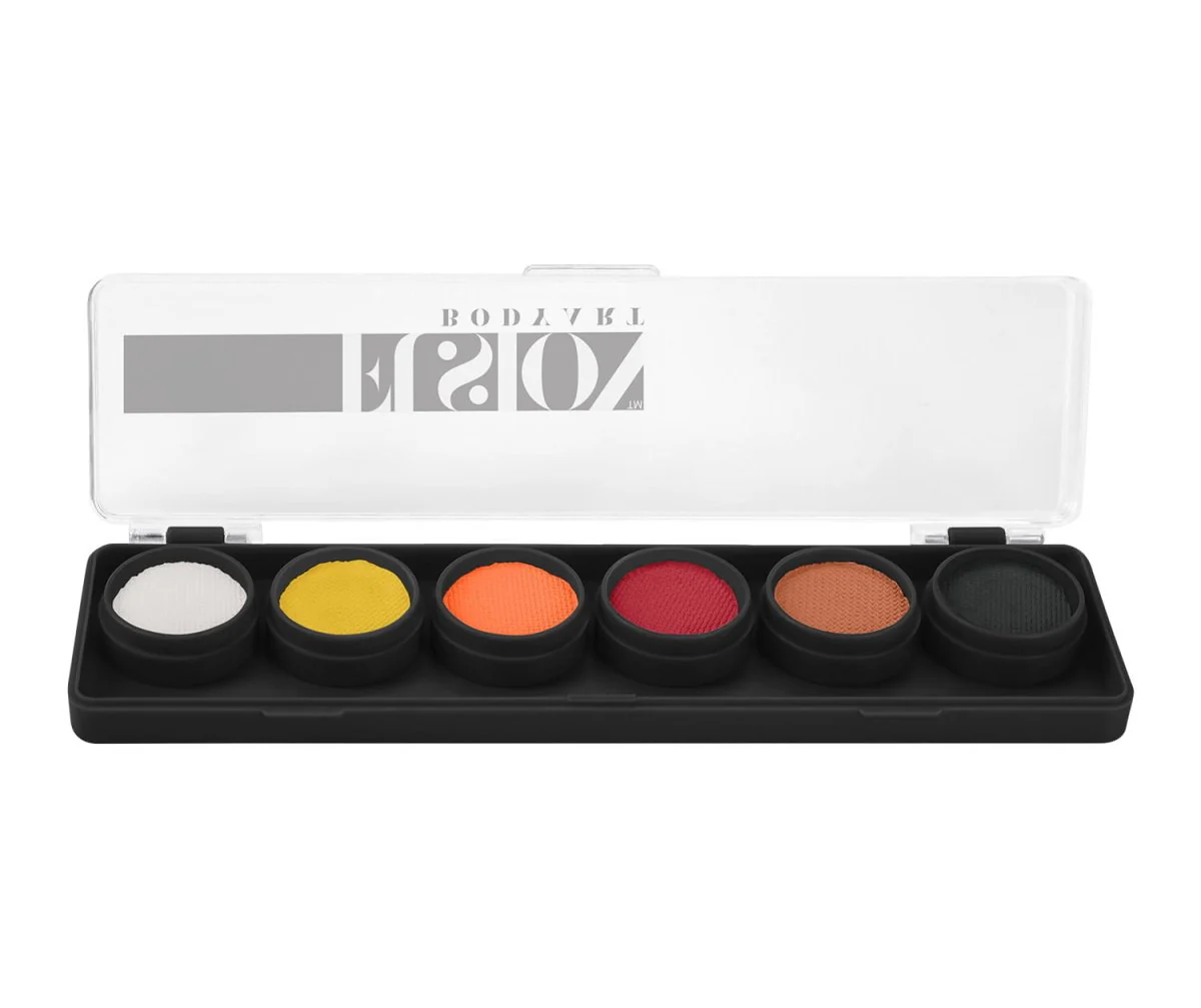 Fusion Body Art mystery box palette med hvid, gul, orange, rød, brun og sort