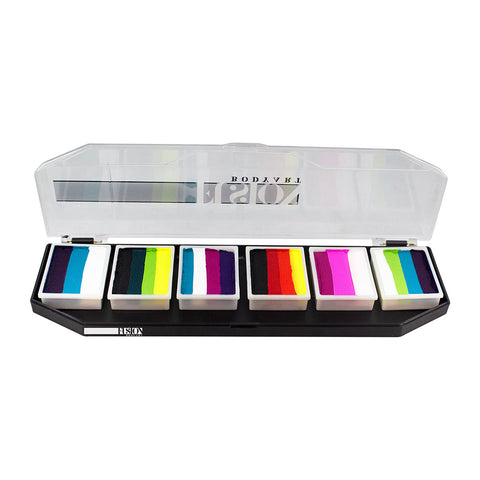 Fusion Body Art Rainbow Burst palette til ansigtsmaling med 6 split cakes i forskellige regnbuefarver