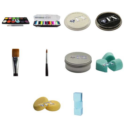 Sminkeshoppens Ansigtsmaling Starter Pack med ansigtsmaling, split cakes, pensler, sort, hvid, sæbe og svampe