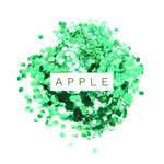 grøn bionedbrydelig glimmer spredt ud på hvid baggrund med teksten apple