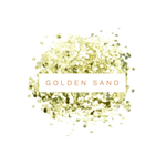 guld bionedbrydelig glimmer spredt ud på hvid baggrund med teksten golden sand