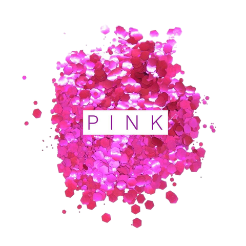 pink og lyserød bionedbrydelig glimmer spredt ud på hvid baggrund med teksten pink