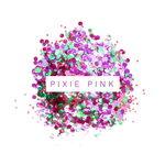 lyserød, lilla og turkis bionedbrydelig glimmer spredt ud på hvid baggrund med teksten pixie pink