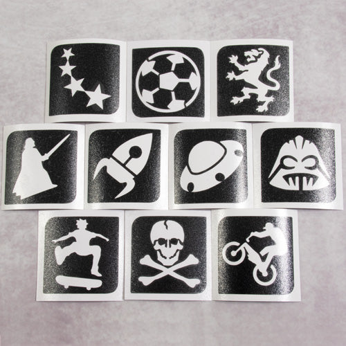 grimas glitter tattoo stencils med sport og verdensrummet