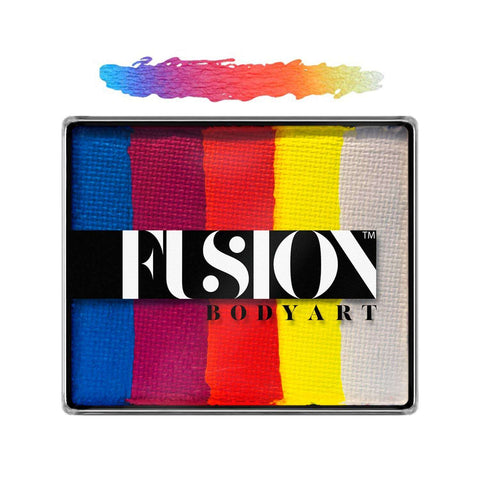 Fusion Body Art Summer Sunrise allergivenlig ansigtsmaling som split cake eller rainbow cake med blå, rød, orange, gul og hvid 50 g